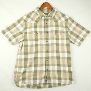 The North  Face Mens Button Up Shirt Medium Beige Green Plaid Short Sleeve